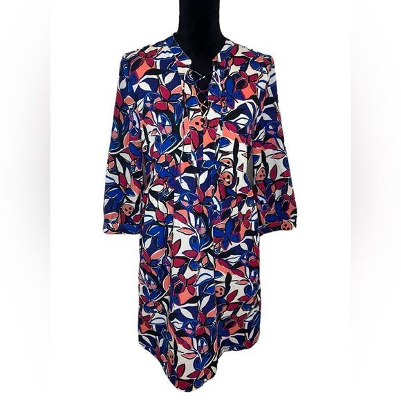 JCREW FLORAL TROPICAL LACE UP EMPIRE WAIST 3/4 SLEEVE DRESS WOMENS SIZE MEDIUM - Picture 2 of 10
